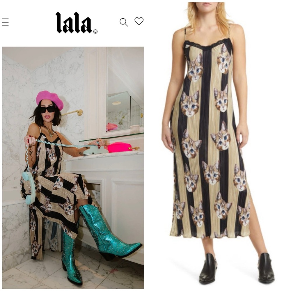 Dressed in LALA Cat Face Striped Midi Dress in Black and Beige